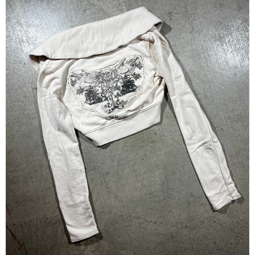 Vintage Y2K Obey Skull Cropped Jacket Women Medium Cream - Picture 1 of 7